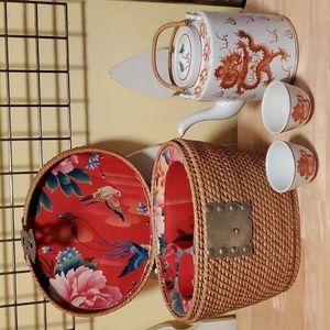 Vintage rare 19th century hand painted tea set in wicker basket